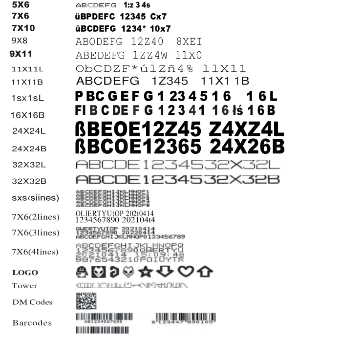 Print samples: fonts from 5×6 to 32×32, logos, DM codes and barcodes